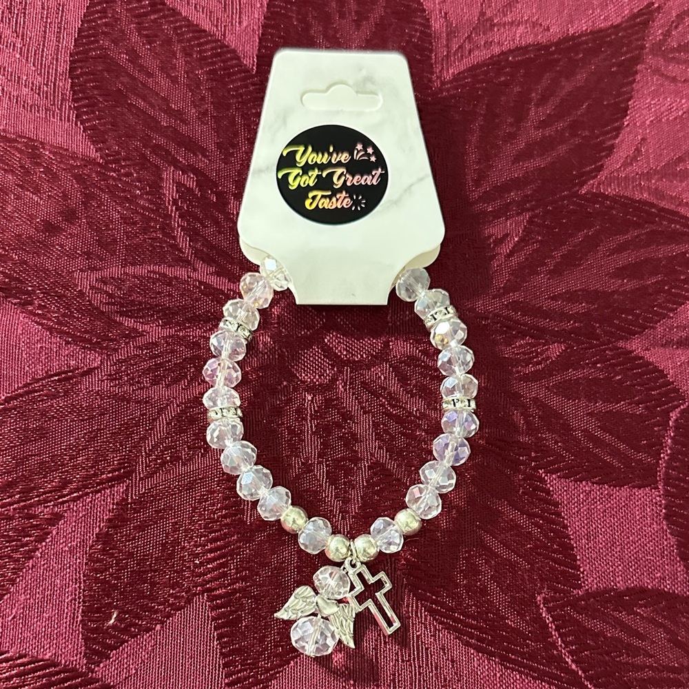 Crystal Beaded Bracelet with Cross Charm - Picture 2 of 2